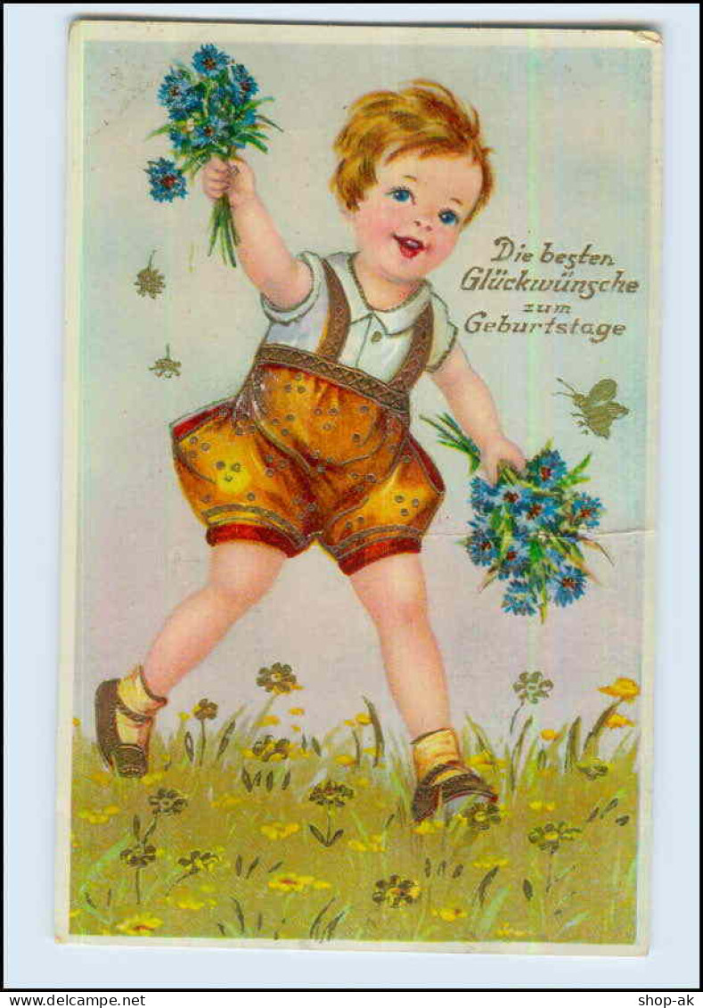 P3C50/ Geburtstag Kind Mit Blumen Litho Glanz AK 1935 - Compleanni