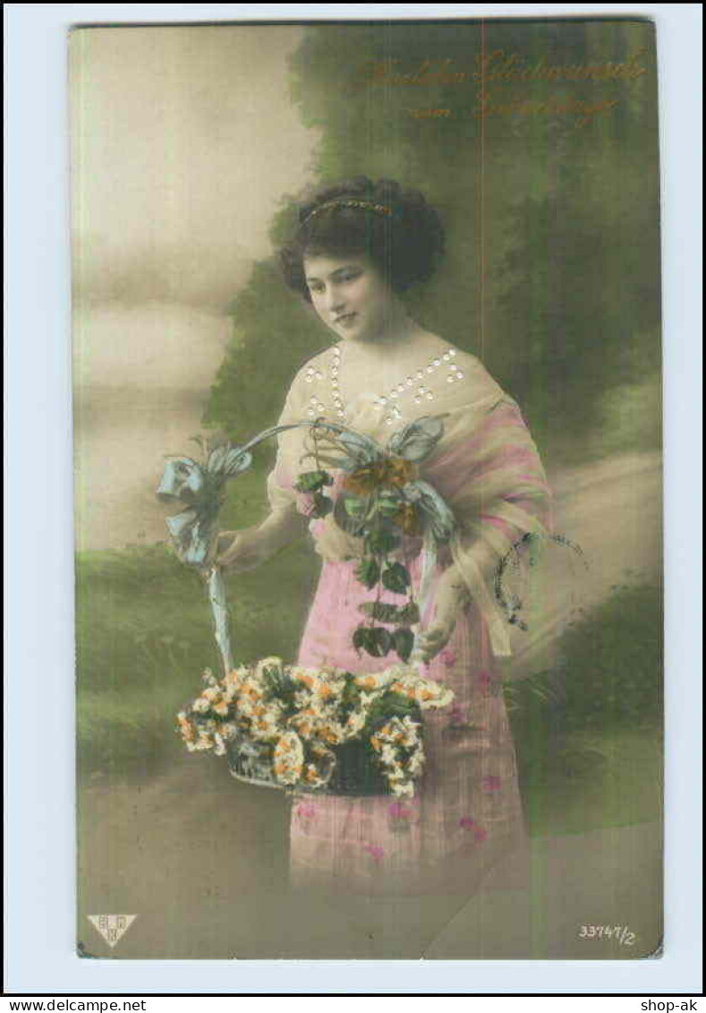 P3C48/ Geburtstag Frau Mit Blumenkorb Foto AK 1912 - Compleanni