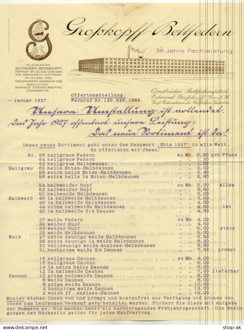 C489/ Briefkopf Rechnung Großkopf Bettfedern Osnabrück 1927 - Autres & Non Classés