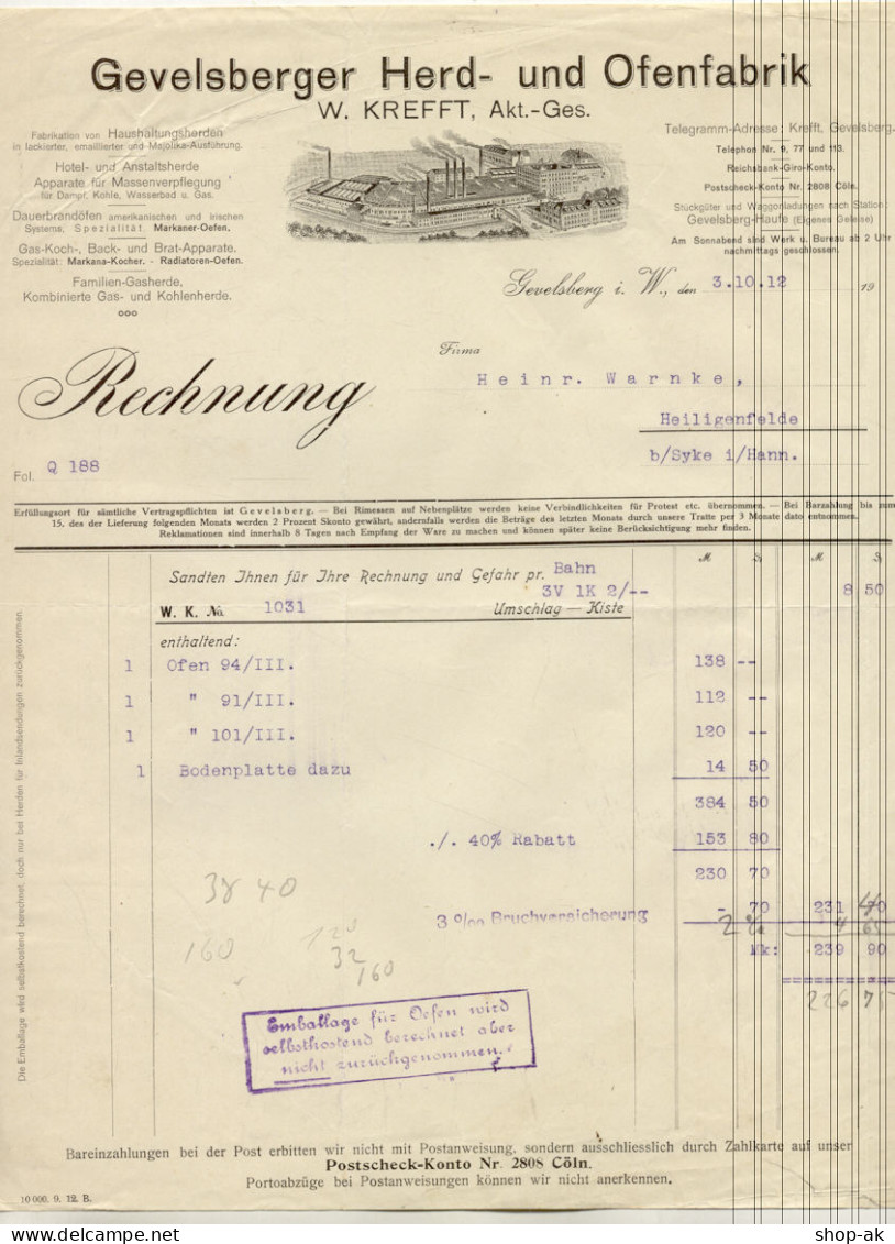 C440/ Rechnung Gevelsberg Herd- Und Ofenfabrik 1912 - Autres & Non Classés