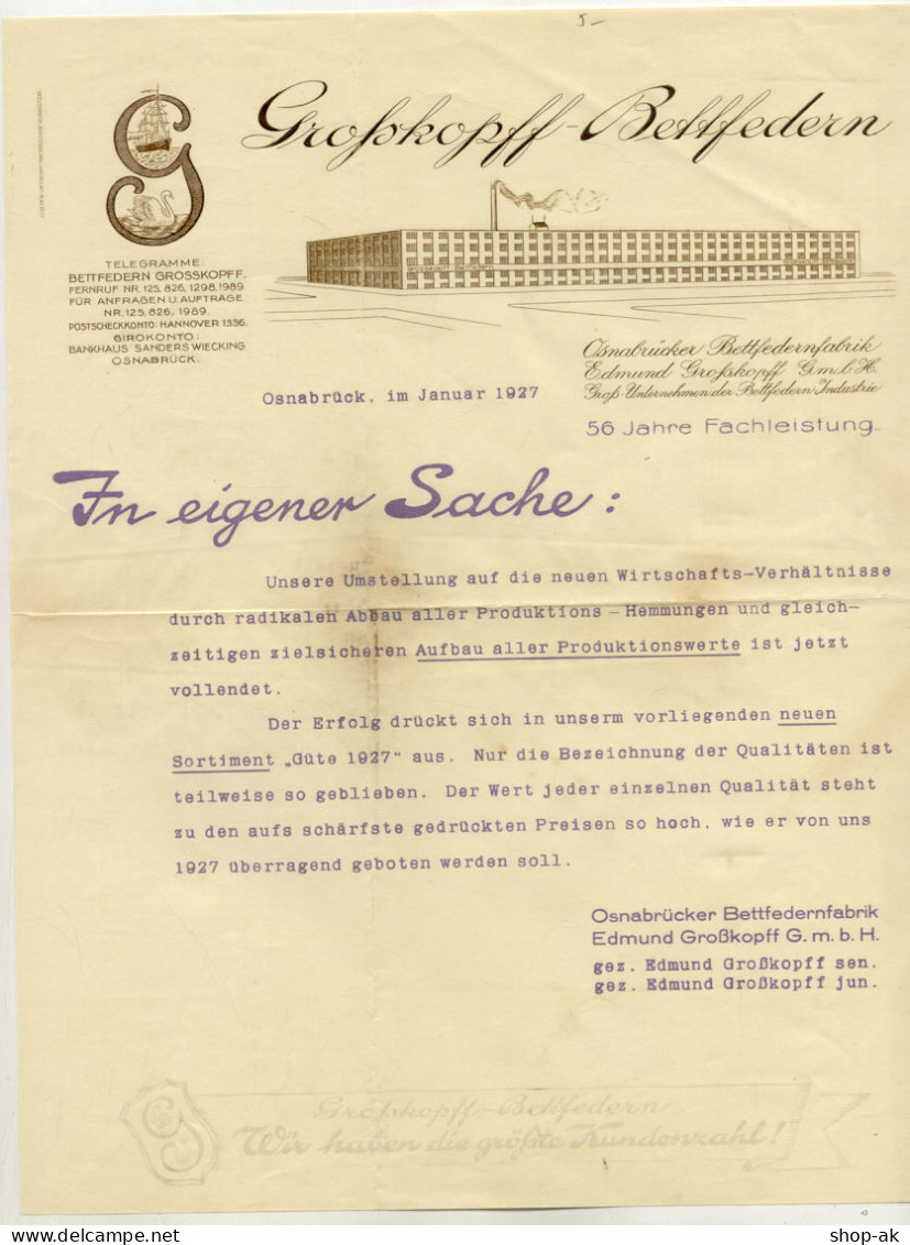 C490/ Briefkopf Rechnung Großkopf Bettfedern Osnabrück 1927 - Otros & Sin Clasificación