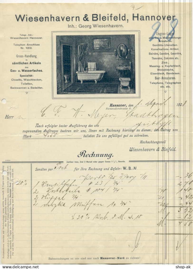 C503/ Rechnung Wiesenhavern & Bleifeld, Hannover Gas- Und Wasser  1908 - Other & Unclassified