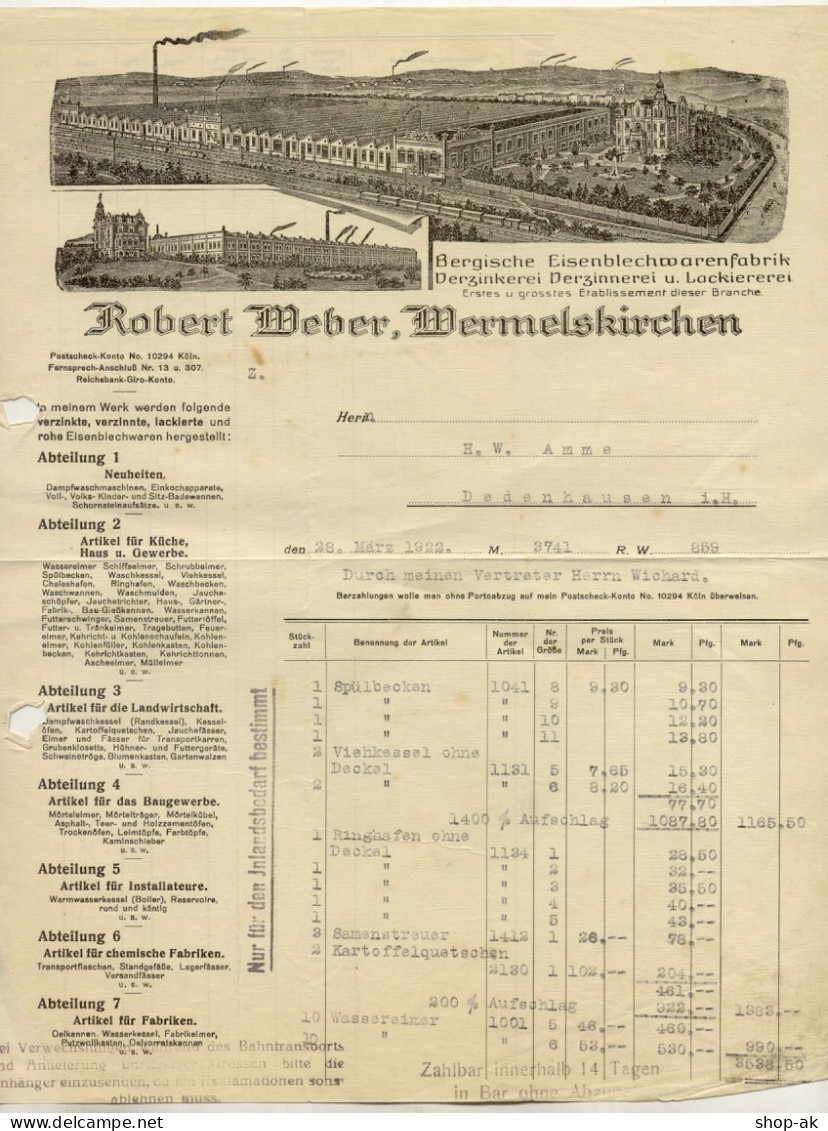 C432/ Rechnung R. Weber, Wermelskirchen Eisenbleckwarenfabrik 1922 - Autres & Non Classés