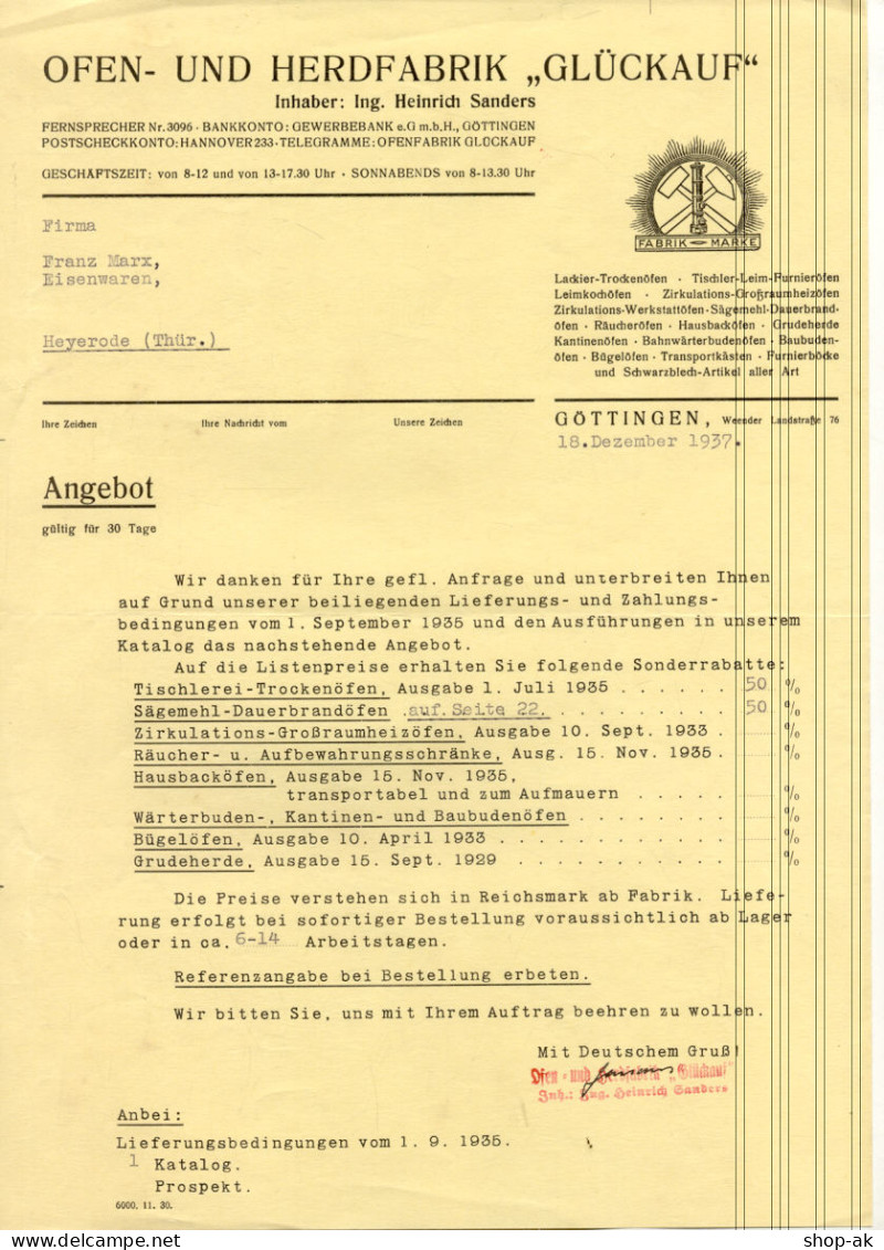 C438/ Brief Ofen- Und Herdfabrik Glückauf Göttingen 1937 - Autres & Non Classés