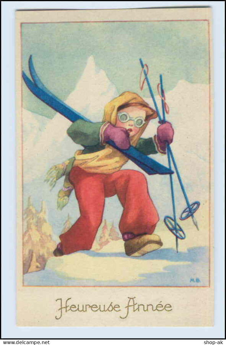 W0D90/ Heureuse Année Weihnachten Kinder Künstler AK Sign: M.B  Skifahren - Andere & Zonder Classificatie