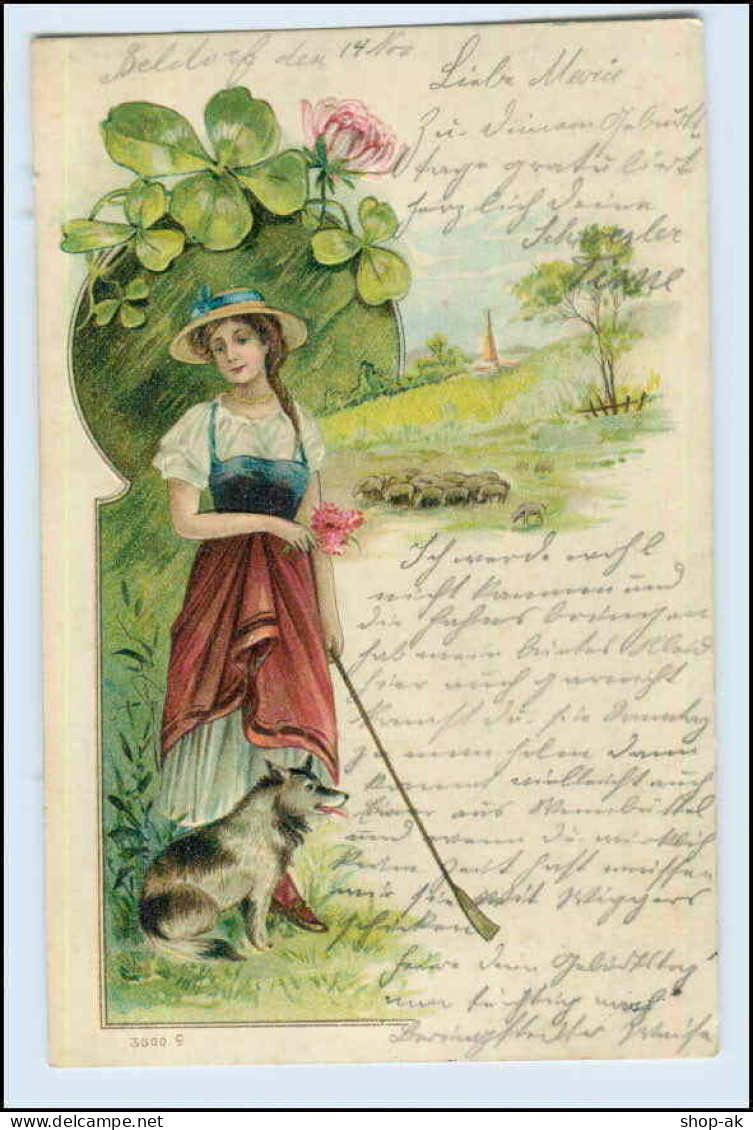 W6L30/ Hübsche Frau Als Schäferin Litho Präge AK Schafe Hirtenhund 1901 - Honden