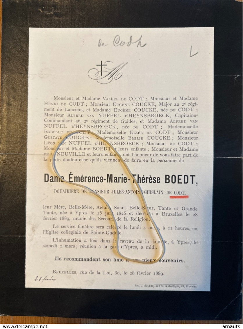 Dame Emerence Boedt Douairiere De Codt *1825 Ieper +1889 Bruxelles Ypres Coucke Van Nuffel D’Heynsbroeck De La Neuville - Esquela