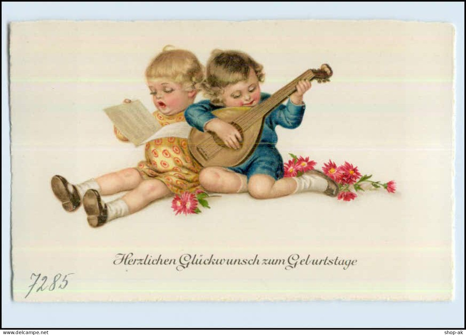 W7T32/ Geburtstag Kinder Mit Gitarre Litho AK Ca. 1925 - Anniversaire