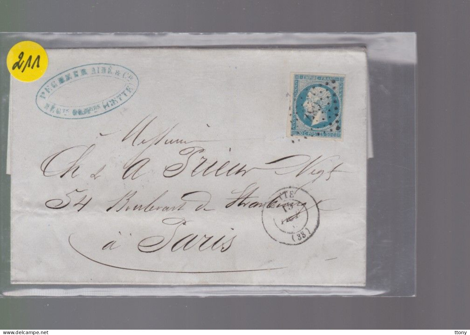 Un Timbre Napoléon III   N° 14  20 C Bleu   Sur Lettre  Départ Cette   1858     Destination Paris Pc C 87 - 1853-1860 Napoleon III