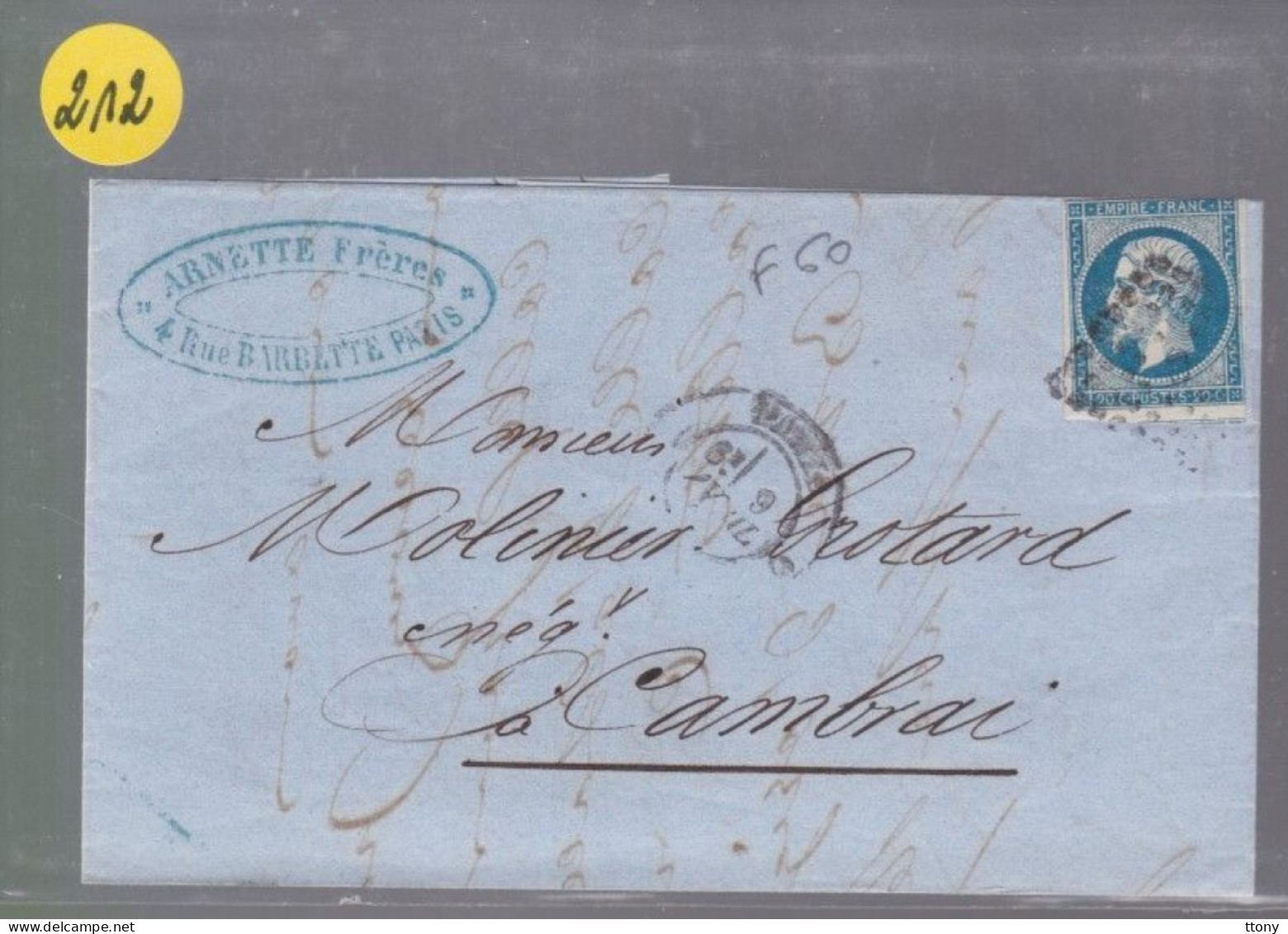 Un Timbre Napoléon III   N° 14  20 C Bleu   Sur Lettre  Départ Paris 1861      Destination  Cambrai - 1853-1860 Napoleone III