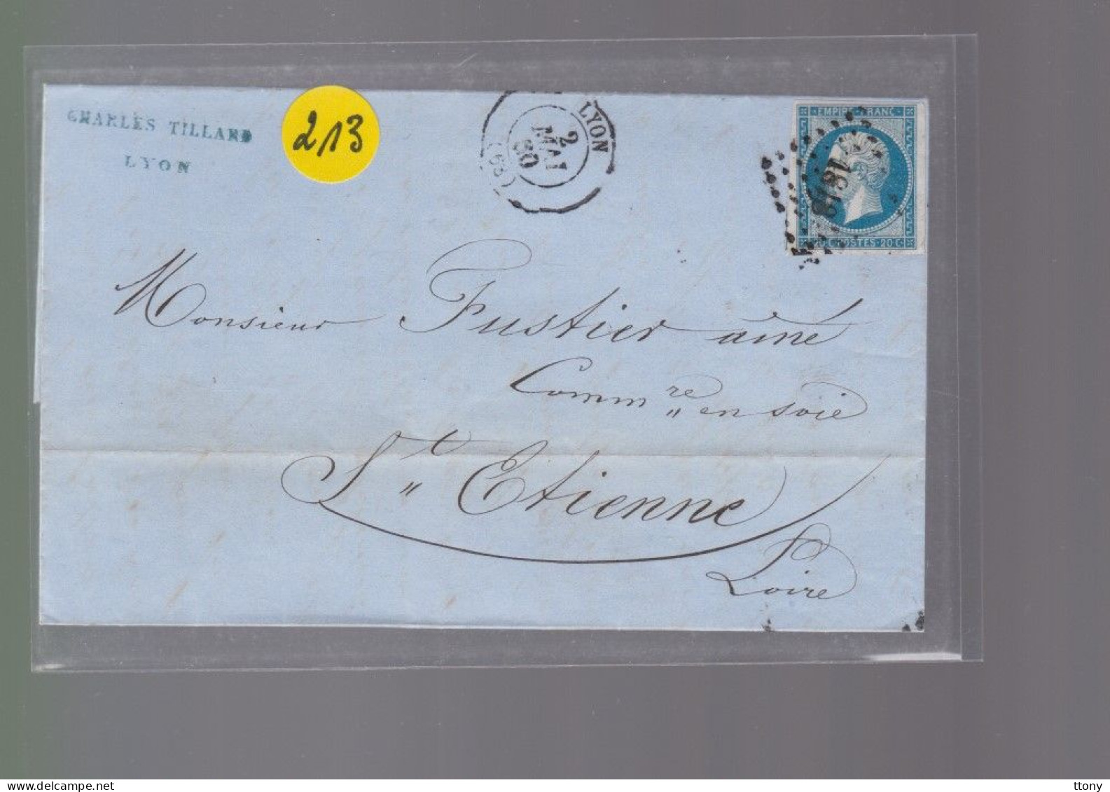 Un Timbre Napoléon III   N° 14  20 C Bleu   Sur Lettre  Départ Lyon 1860  Destination  St -Etienne Pc 1818 - 1853-1860 Napoleon III