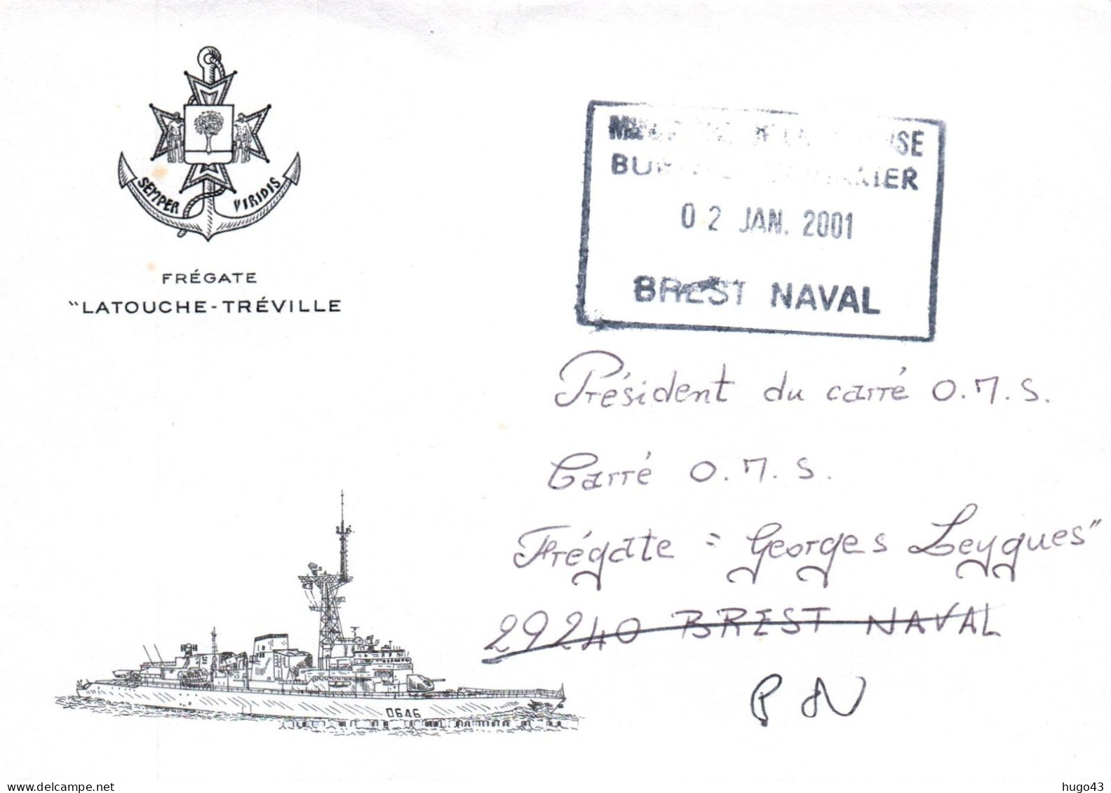 ENVELOPPE AVEC CACHET OFFICIEL FREGATE LATOUCHE TREVILLE - BREST NAVAL LE 02/01/2001 - Correo Naval