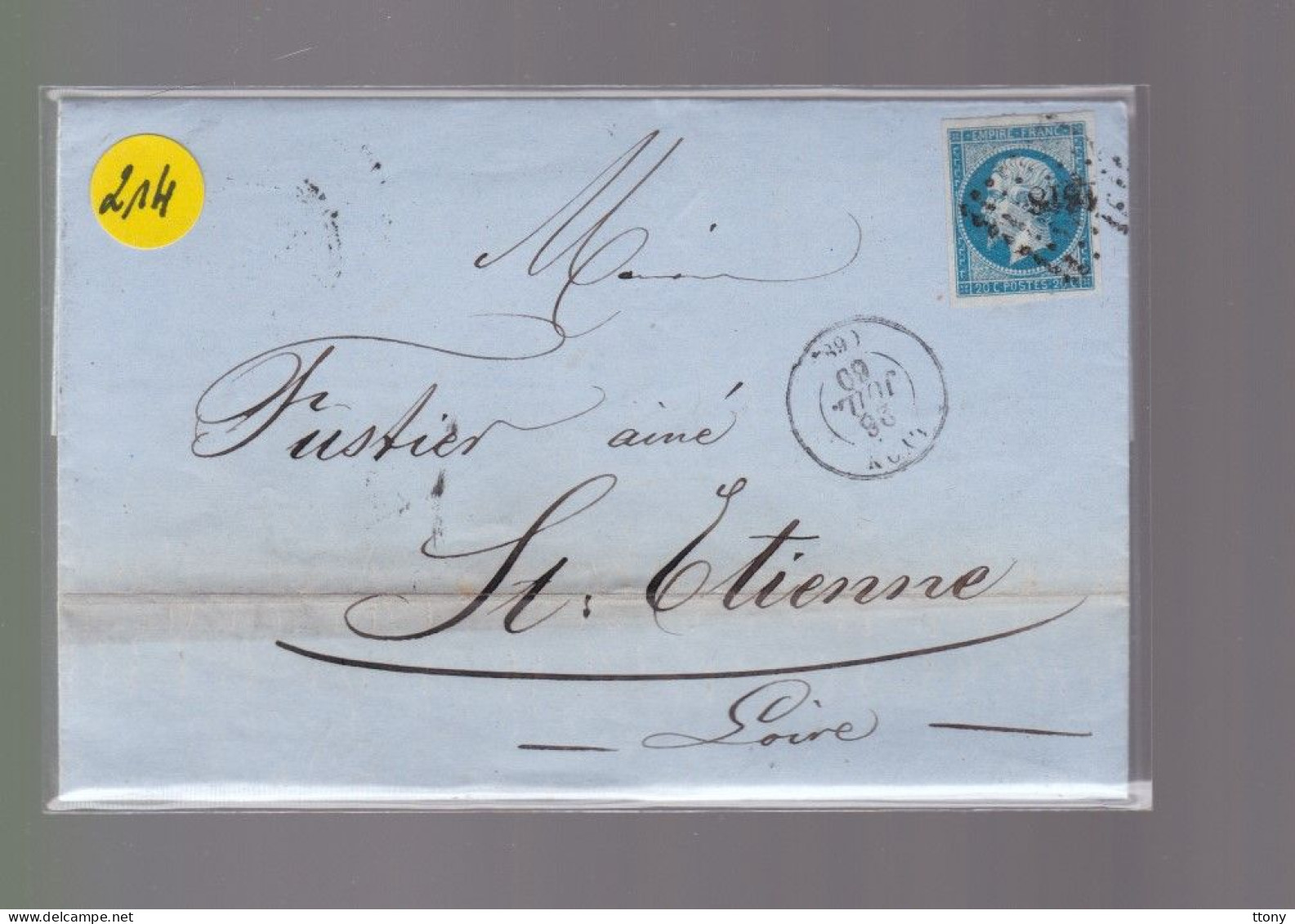 Un Timbre Napoléon III   N° 14  20 C Bleu   Sur Lettre  Départ Lyon 1860  Destination  St -Etienne Pc 1818 - 1853-1860 Napoleon III