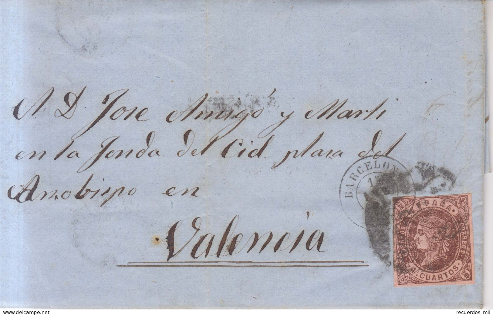 Año 1860 Edifil 52 4c Isabel II Carta A Valencia Matasellos Rueda Carreta 2 Barcelona Membrete F,Amigo Suari - Briefe U. Dokumente