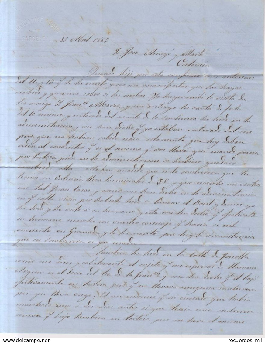 Año 1860 Edifil 52 4c Isabel II Carta A Valencia Matasellos Rueda Carreta 2 Barcelona Membrete F,Amigo Suari - Briefe U. Dokumente