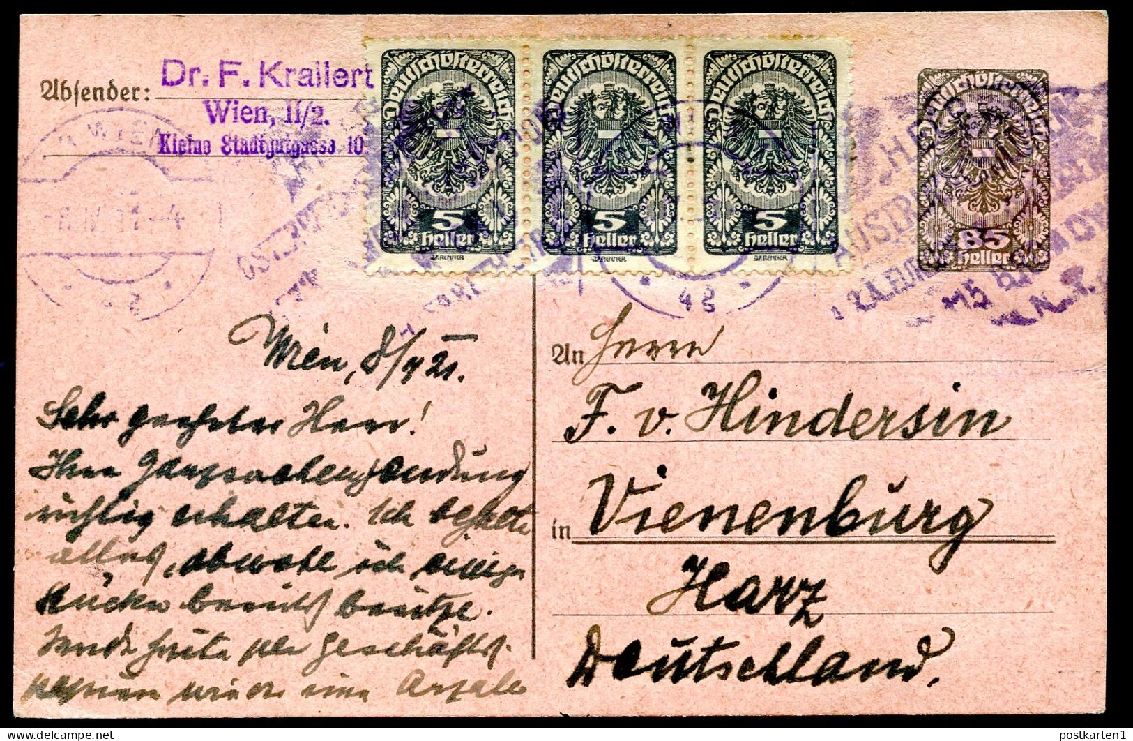 Rohrpost-Postkarte RP33 Wien - Deutschland Als Normale Postkarte 1921 - Briefkaarten