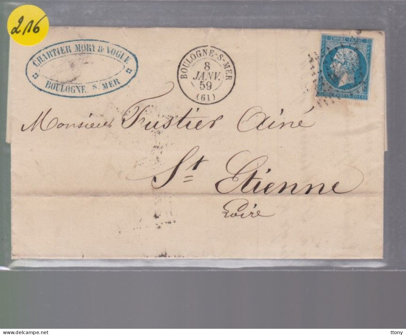 Un Timbre Napoléon III   N° 14  20 C Bleu   Sur Lettre  Départ Boulogne 1859   Destination  St -Etienne - 1853-1860 Napoleone III