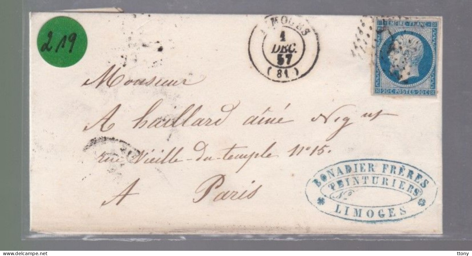 Un Timbre Napoléon III   N° 14  20 C Bleu   Sur Lettre  Départ Limoge 1857   Destination Paris - 1853-1860 Napoleone III