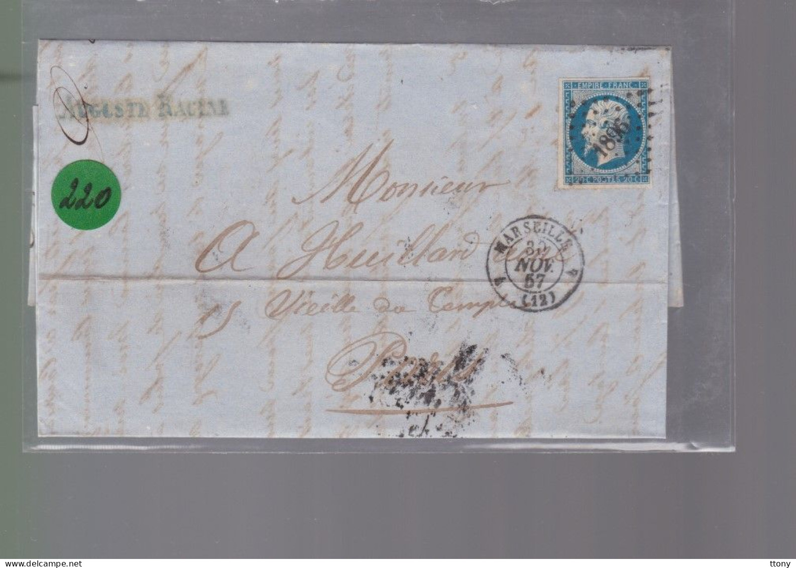 Un Timbre Napoléon III   N° 14  20 C Bleu   Sur Lettre  Départ Marseille 1857   Destination Paris  Pc 1896 - 1853-1860 Napoléon III.