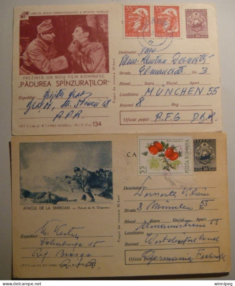 Romania.Stationery .1965.Movie #134.Military #212.Mailed To West Germany - Postal Stationery