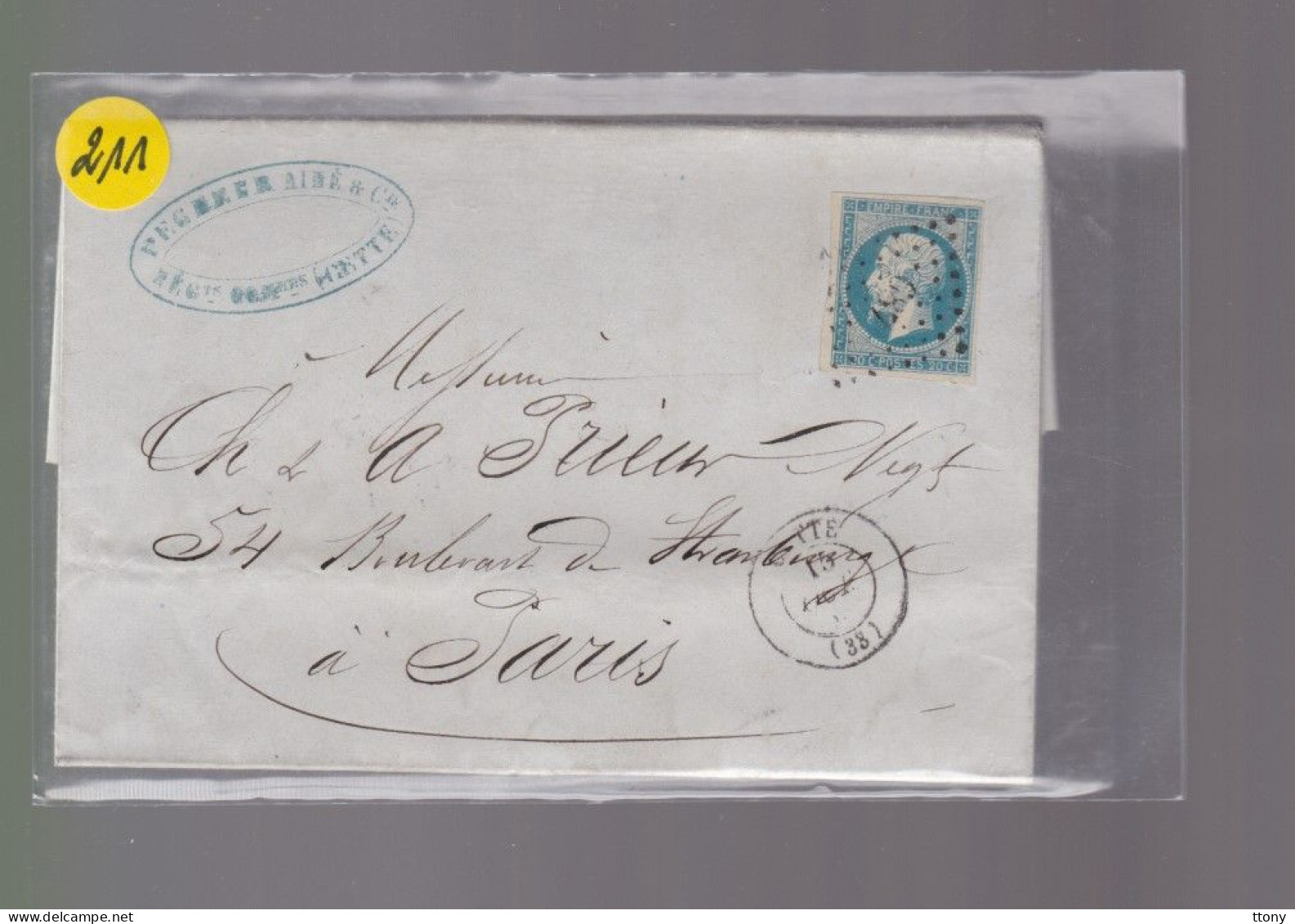 Un Timbre Napoléon III   N° 14  20 C Bleu   Sur Lettre  Départ Havre    Destination Paris - 1853-1860 Napoléon III