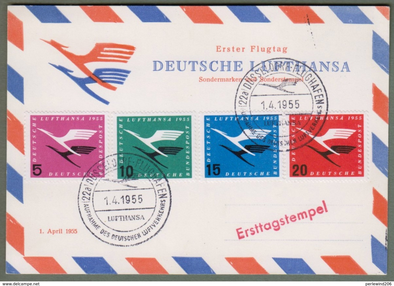 Bund: Sonderkarte Mit Mi.-Nr. 205-08 Deutsche Lufthansa SST: Erster Flugtag Deutsche Lufthansa 01.04.1955" !      X - Usati