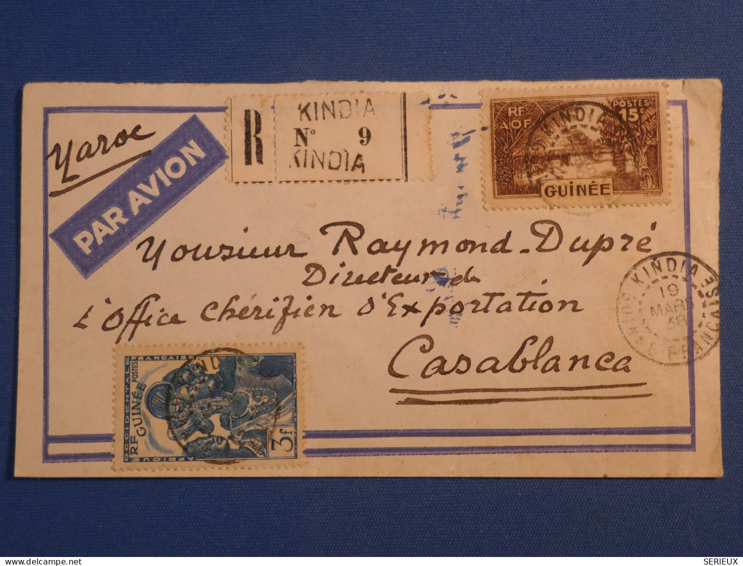 DN10  GUINEE LETTRE RARE DEST.  RECO 1938 PETIT BUREAU KINDIA  A CASA  MAROC + PAIRE DE TP   +AFF. INTERESSANT++ - Storia Postale