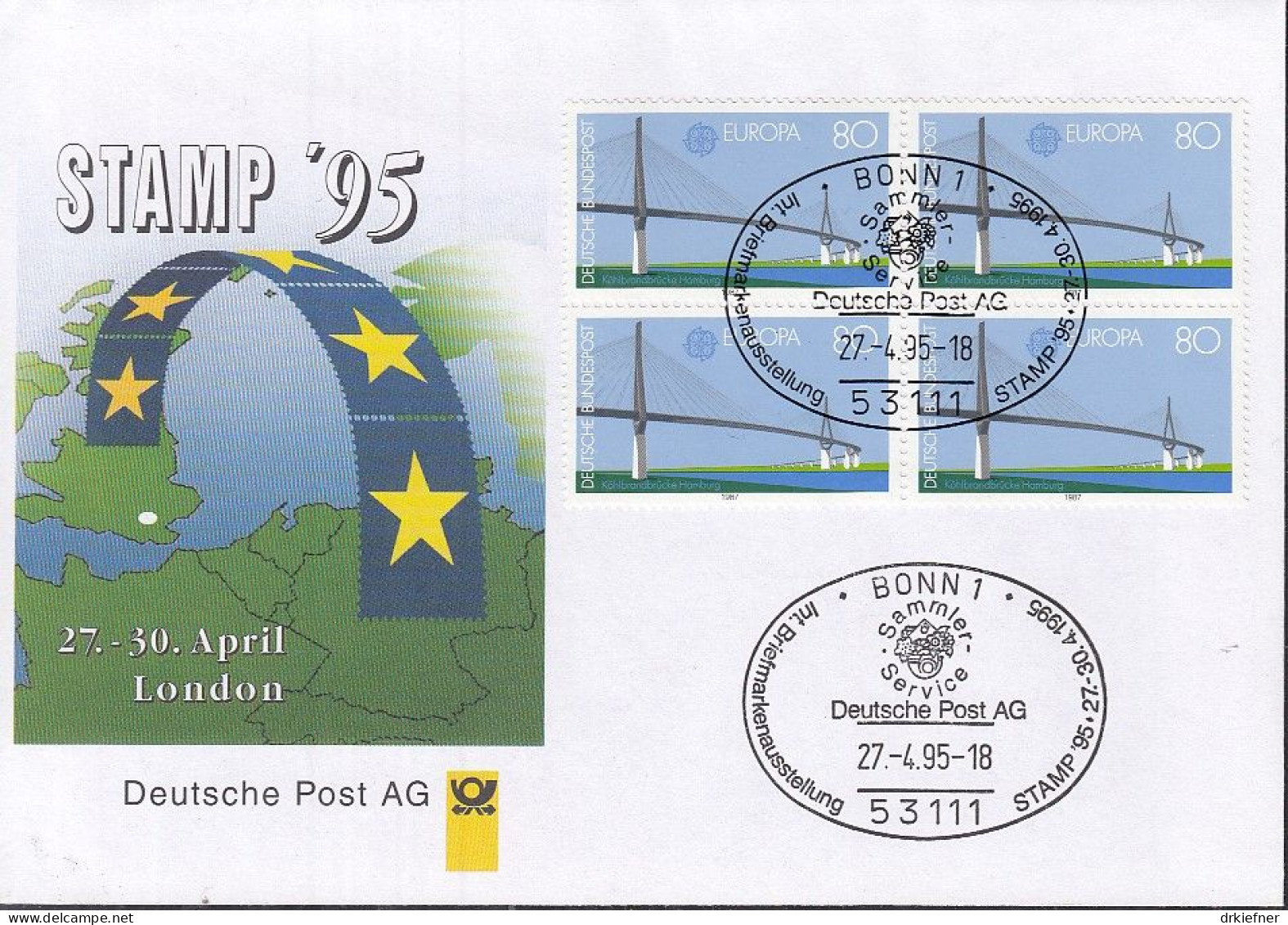 BDR 1322 4erBlock, Auf Ausstellungsbrief STAMP ' 95 London, 27.4.1995, Europa - Esposizioni Filateliche