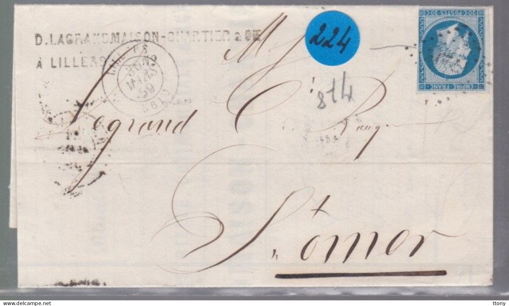 Un Timbre Napoléon III   N° 14  20 C Bleu   Sur Lettre  1859     Destination St - Omer - 1853-1860 Napoleone III