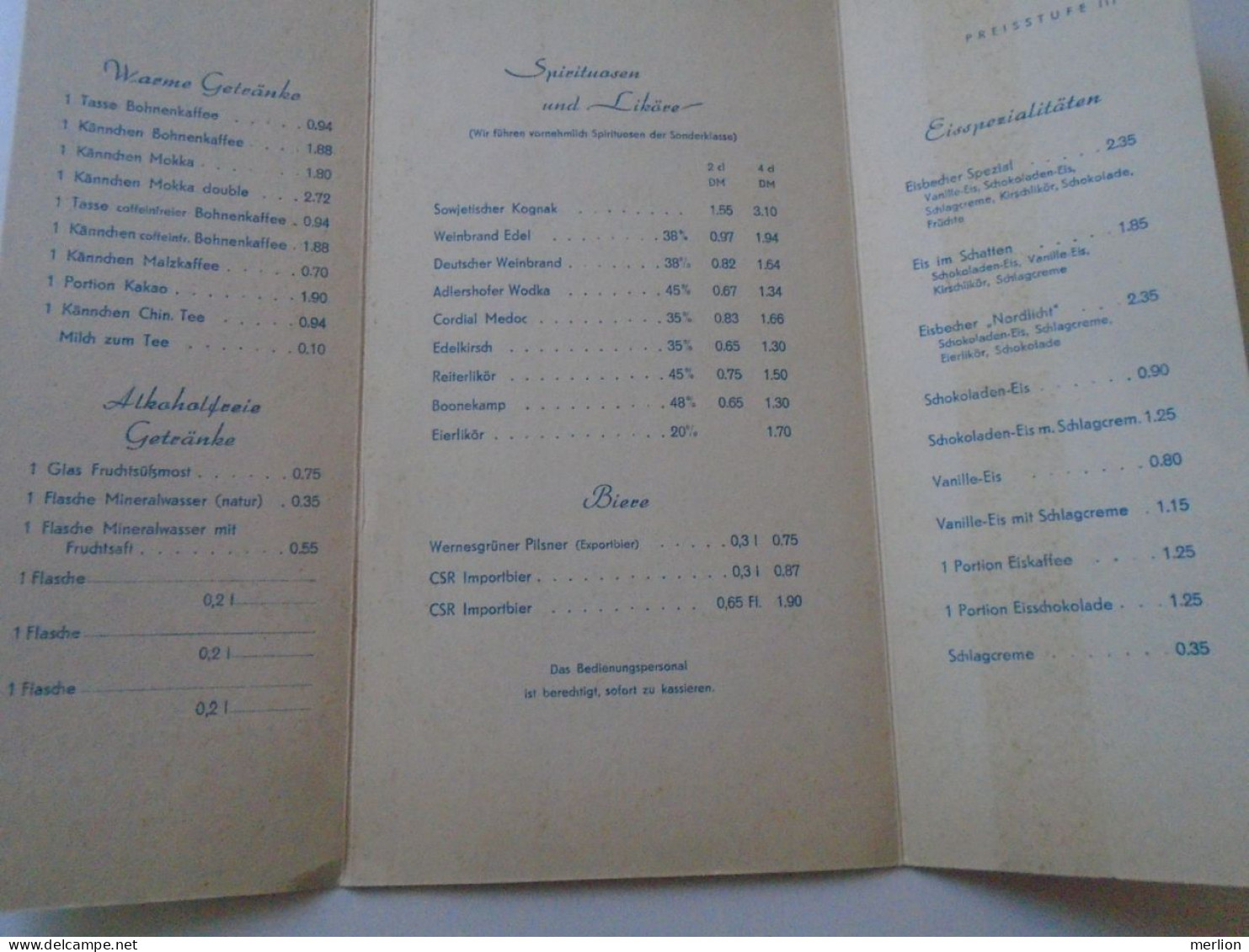 D202226   Menu,  CAROLA Hotel- Karl Marx Stadt - Drinks And Icecreams Pricelist    1959 - Menú