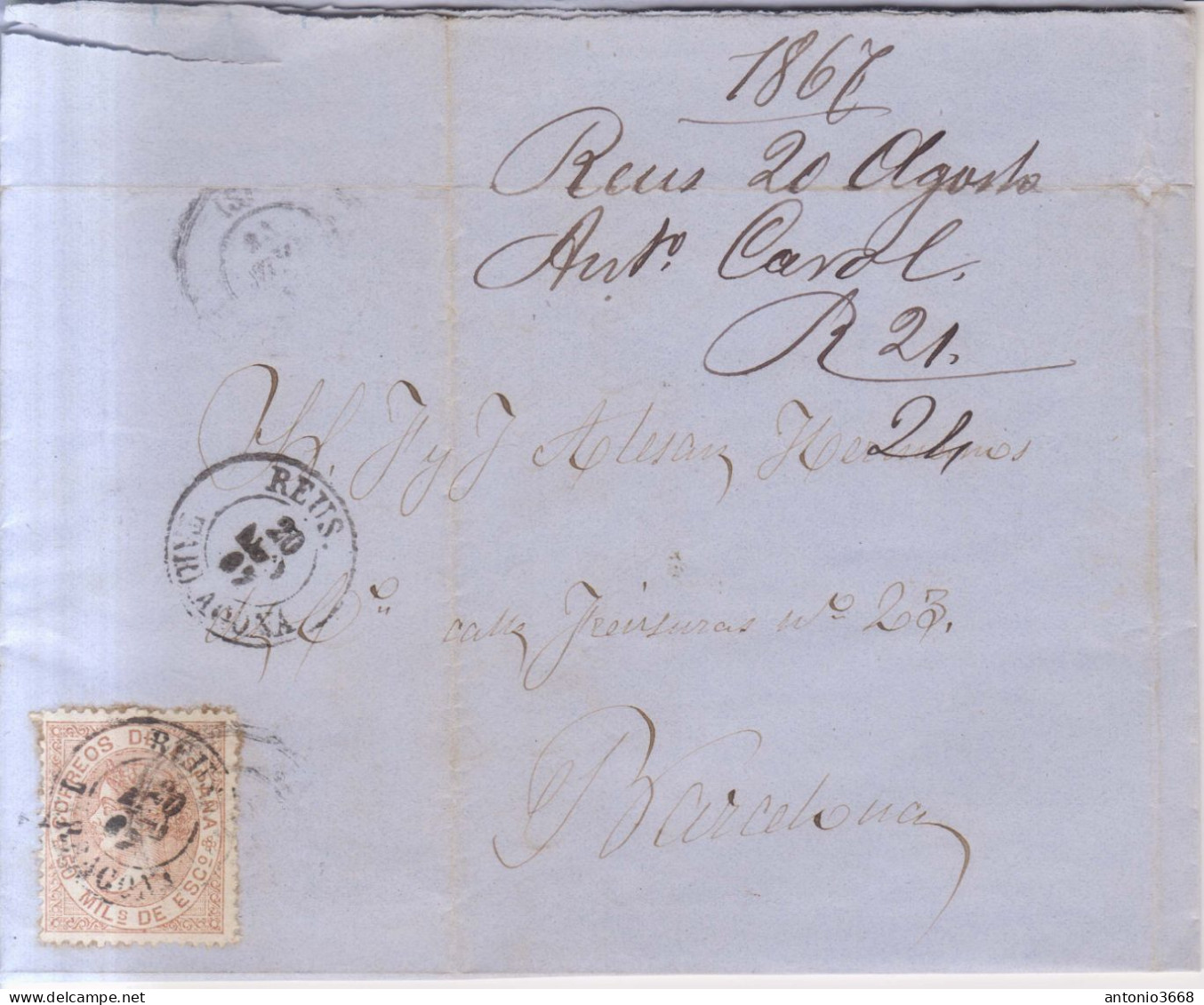 Año 1867 Edifil 96 50m Isabel II  Carta Matasellos Reus Tarragona Antonio Carol - Storia Postale