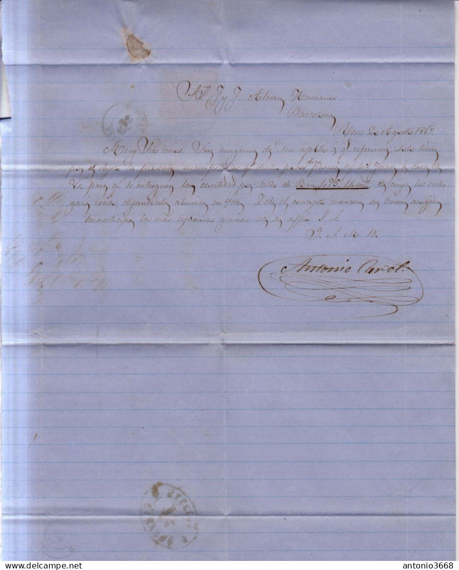 Año 1867 Edifil 96 50m Isabel II  Carta Matasellos Reus Tarragona Antonio Carol - Covers & Documents