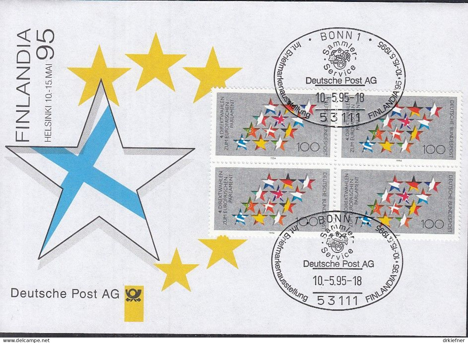 BDR 1724 4erBlock, Auf Ausstellungsbrief FINLANDIA Helsinki '95, 10.5.1995, Wahlen Zum Europäischen Parlament - Briefmarkenausstellungen