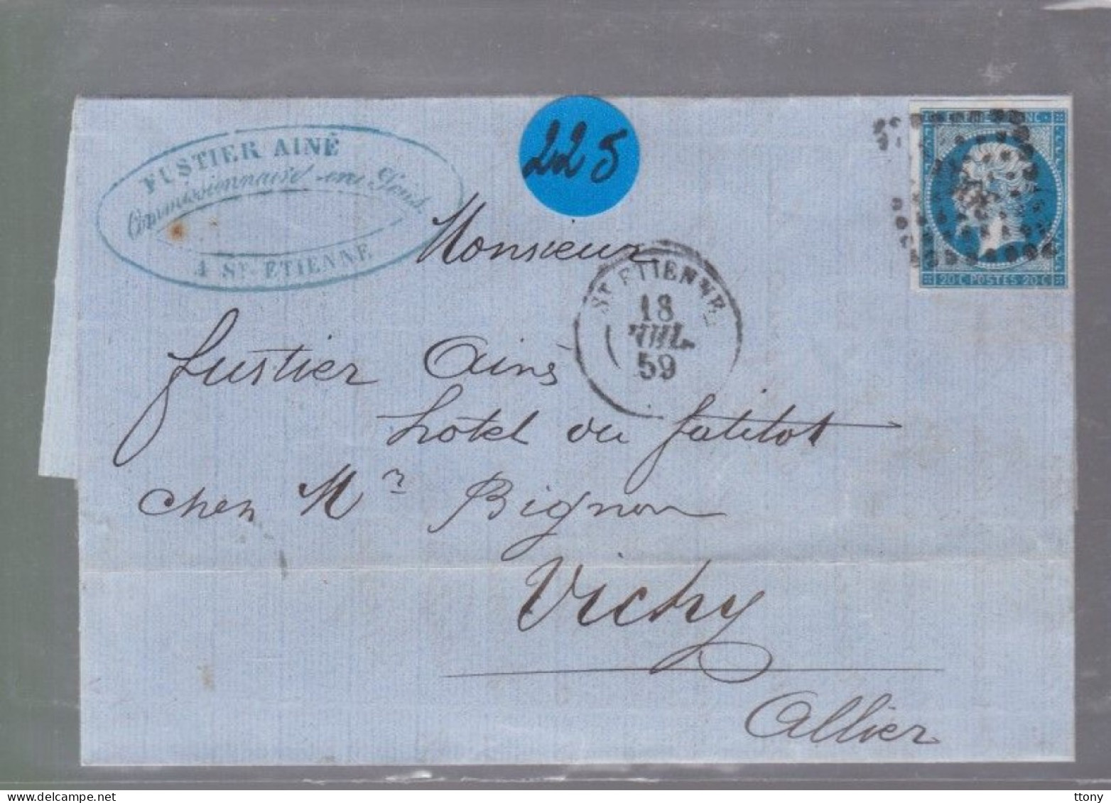 Un Timbre Napoléon III   N° 14  20 C Bleu   Sur Lettre  1859     Destination  Vichy  Allier - 1853-1860 Napoleone III