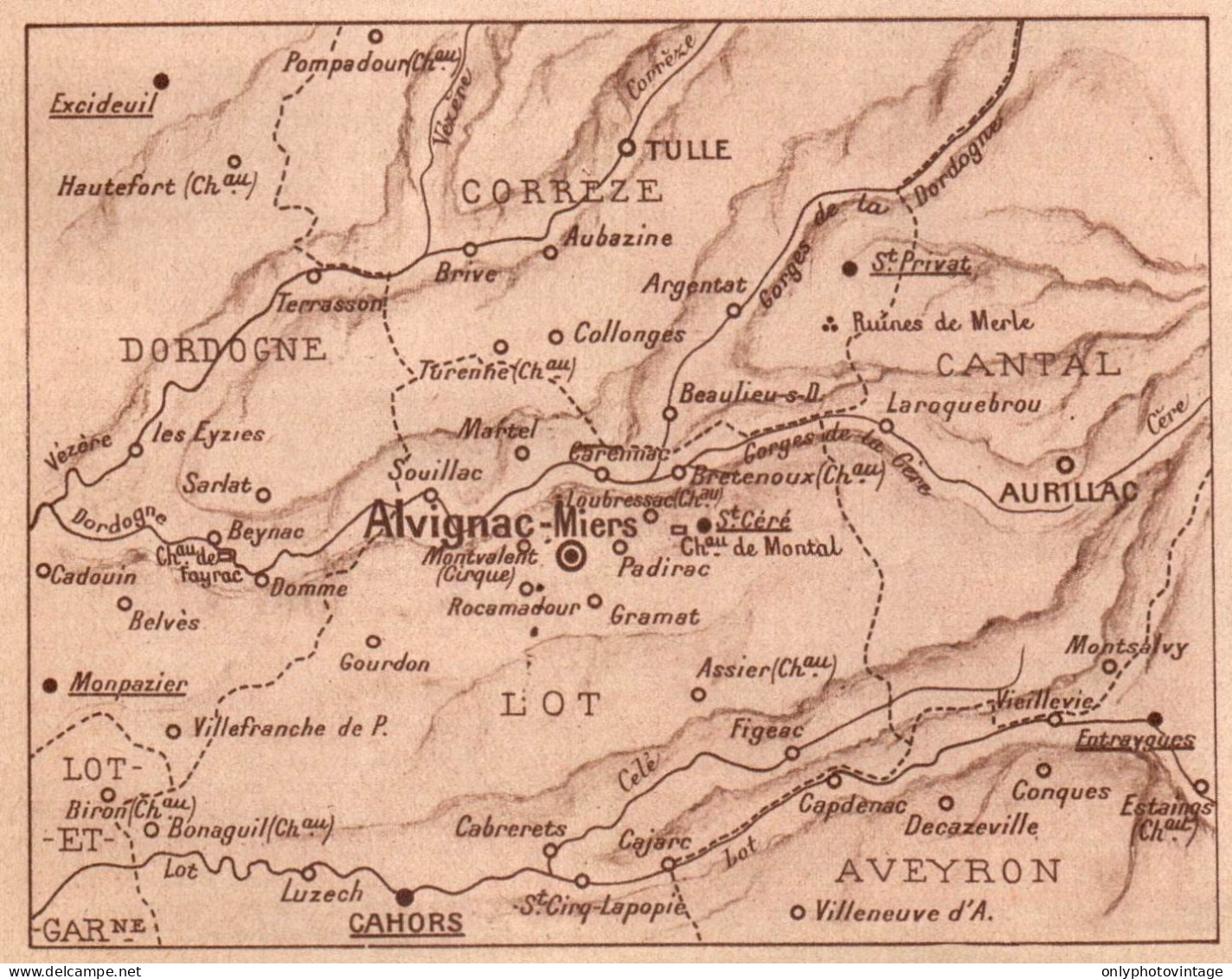 France 1934, Alvignac-Miers, Cahors, Tulle, Mappa Geografica, Vintage Map - Geographische Kaarten