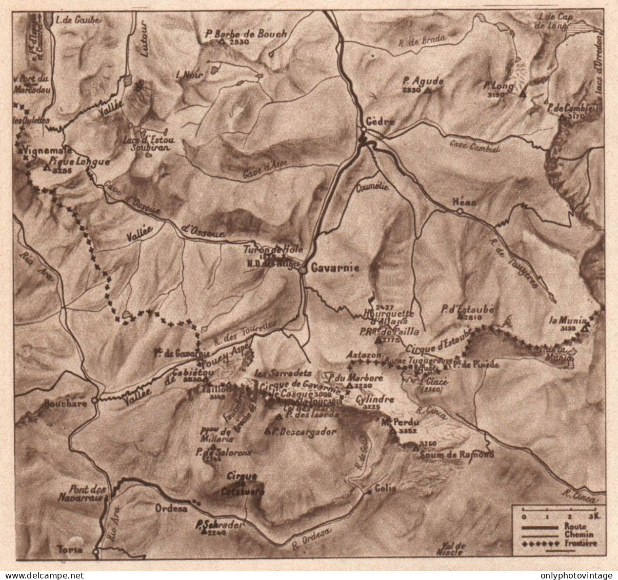 France 1934, Gavarnie, Mont Perdu, Mappa Geografica, Vintage Map - Carte Geographique