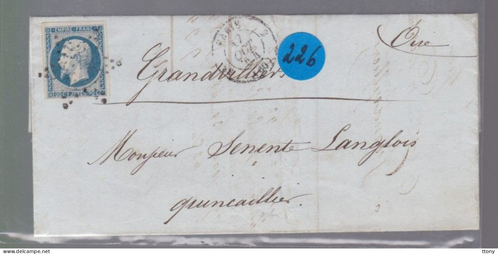 Un Timbre Napoléon III   N° 14  20 C Bleu   Sur Lettre  Etoile De  Paris   1854    Destination  Grandvilliers - 1853-1860 Napoleon III