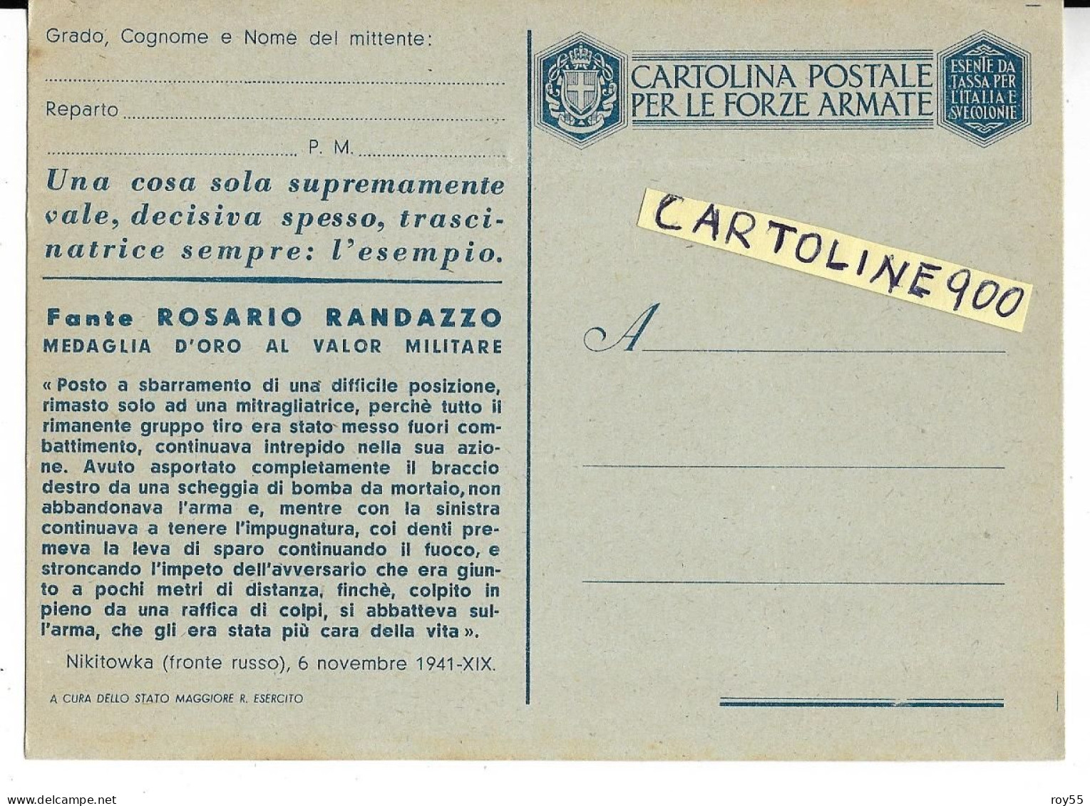 Militare Cartolina Postale Militare In Franchigia Nuova Medaglia D'oro Al Valor Militare Fante Rosario Randazzo (vretro) - Weltkrieg 1939-45