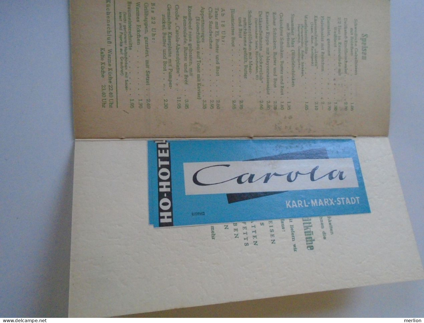 D202228  Menu,  CAROLA Hotel- Karl Marx Stadt - Drinks And Icecreams Pricelist    1962 - Menus