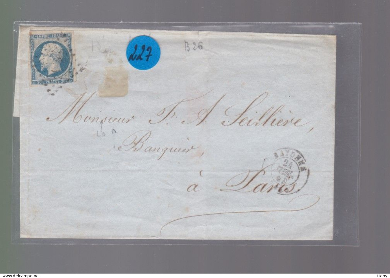 Un Timbre Napoléon III   N° 14  20 C Bleu   Sur Lettre   1854    Destination  Paris - 1853-1860 Napoleon III