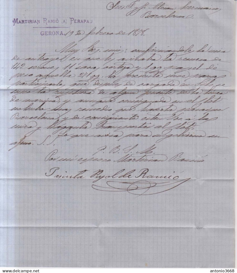 Año 1876 Edifil 175-188 Alfonso XII Carta   Matasellos Rombo Gerona Membrete Martirian Ramio Perapau - Brieven En Documenten