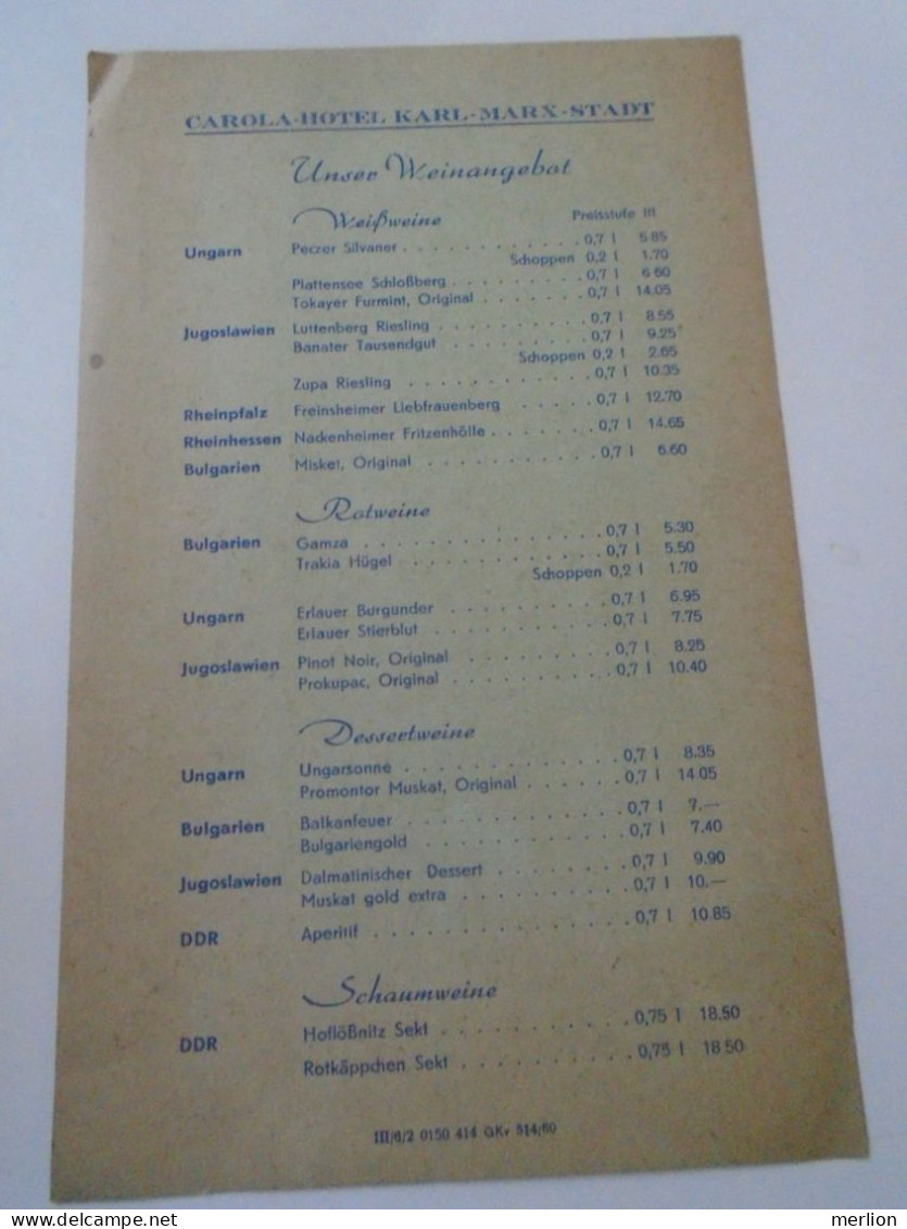D202229  Menu,  CAROLA Hotel- Karl Marx Stadt - Wine Stock  Pricelist    1960 - Menú