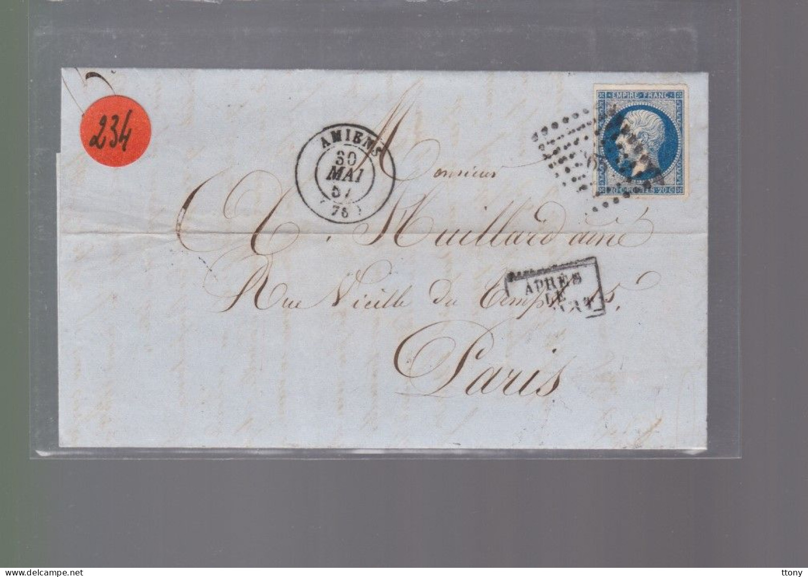 Un Timbre Napoléon III   N° 14  20 C Bleu   Sur Lettre  Amiens 1857   Destination  Paris Après Le Départ - 1853-1860 Napoleone III