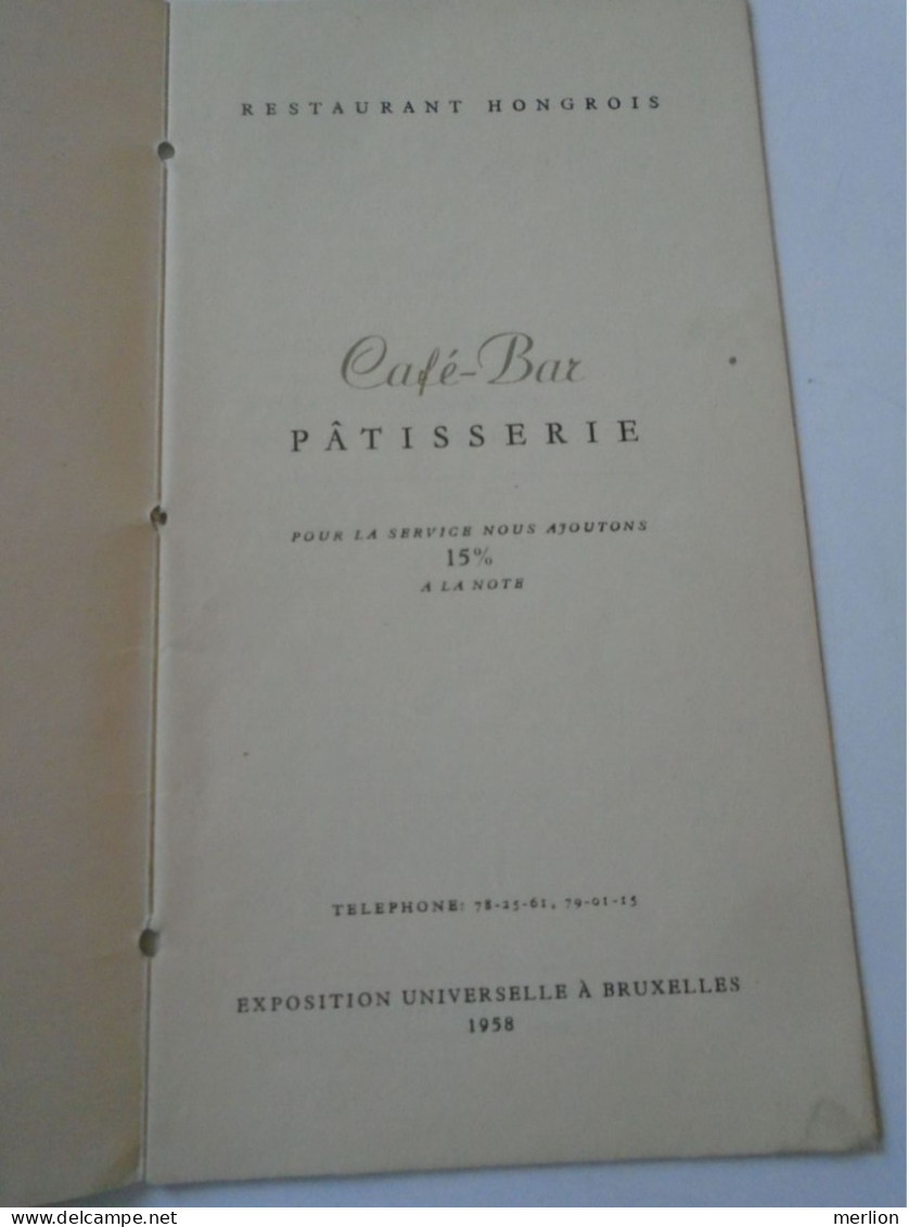 D202230 Menu, Restaurant Hongrois Café-Bar -Patisserie -Exposition Universelle A Bruxelles 1958 Hungarian Cuisine -Vins - Menus