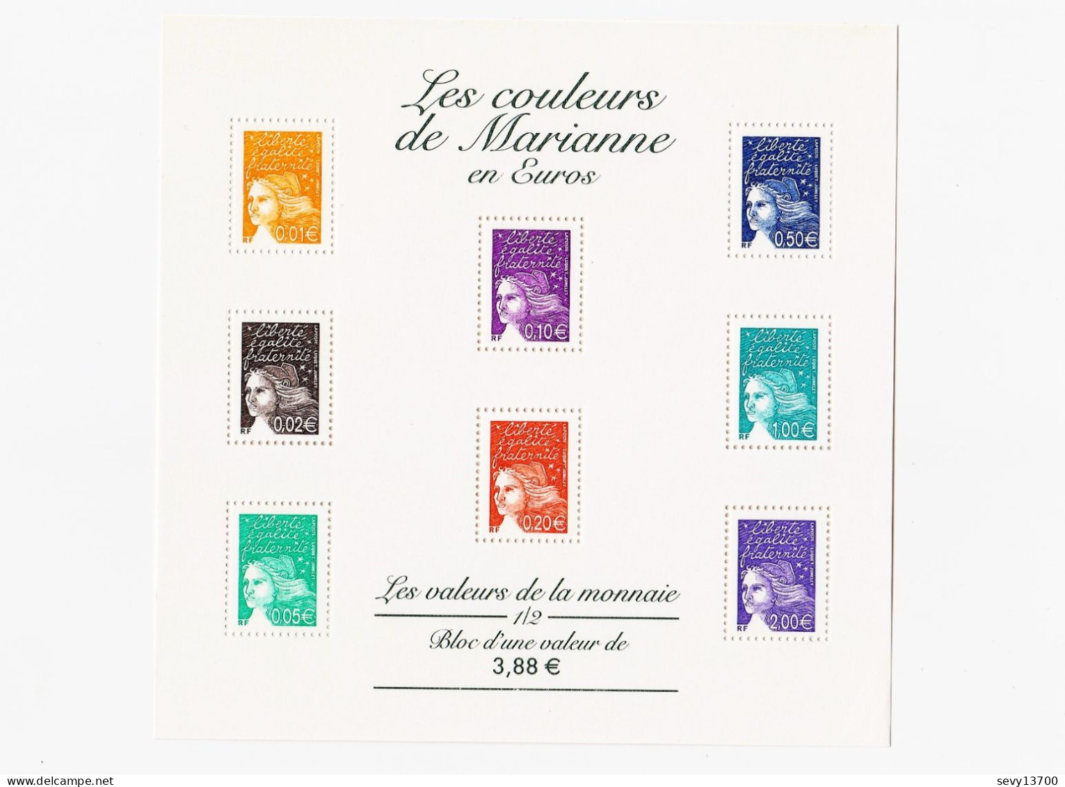 France Année 2002 Bloc Feuillet Yvert Tellier N° BF 44 Les Couleurs De Marianne En Euros - Nuovi