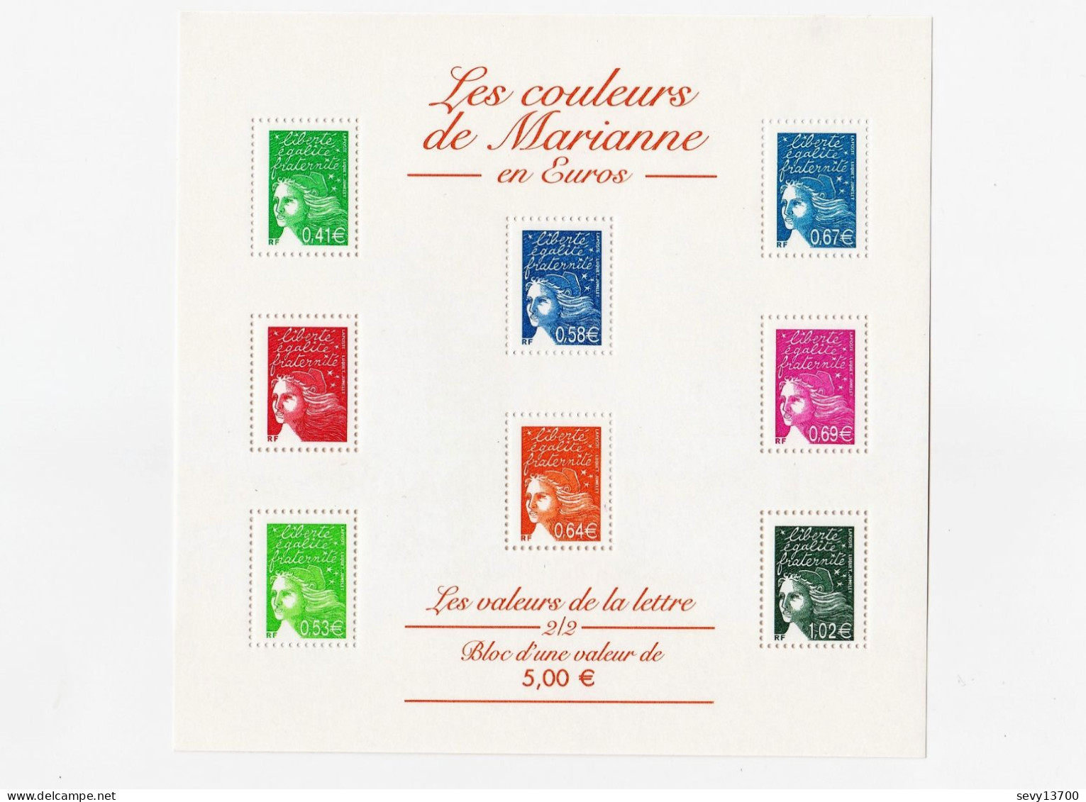 France Année 2002 Bloc Feuillet Yvert Tellier N° BF 45 Les Couleurs De Marianne En Euros - Mint/Hinged