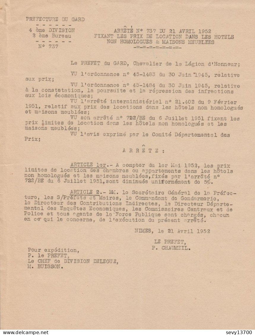 Arrêté Préfecture Du Gard Du 21.04.1952 Fixant Les Prix Limite De Location Des Chambres Ou Appartements Dans Les Hôtels - Décrets & Lois