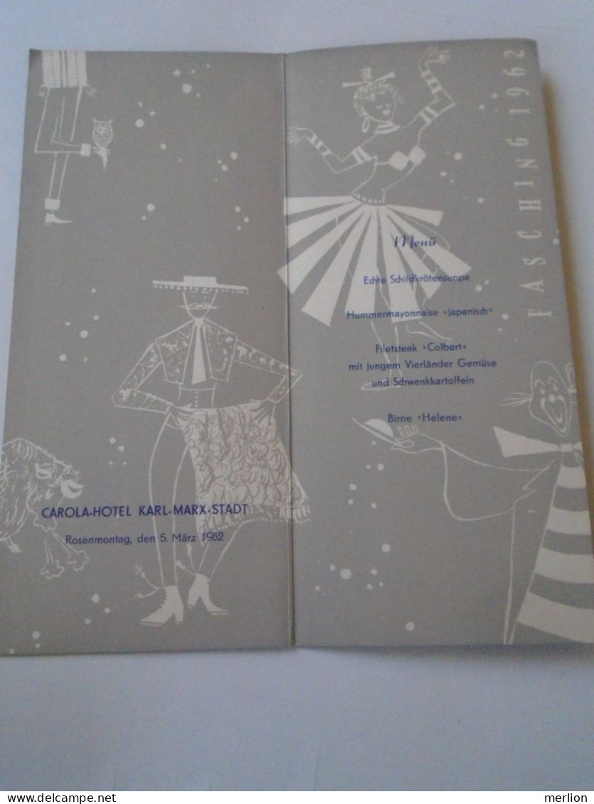 D202231  Menu, Menü-Karte  Hotel Carola Chemnitz Fasching 1962  Karl Marx Stadt  Rosenmontag  Den 5 März 1962 - Menú