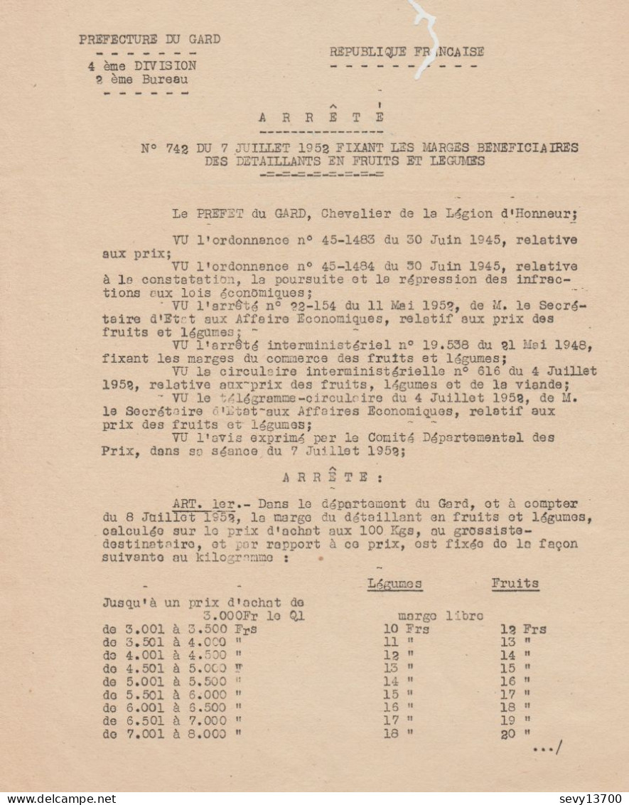 Arrêté Préfecture Du Gard Du 07.07.1952 Fixant La Marge Du Détaillant En Fruits Et Légumes - Décrets & Lois