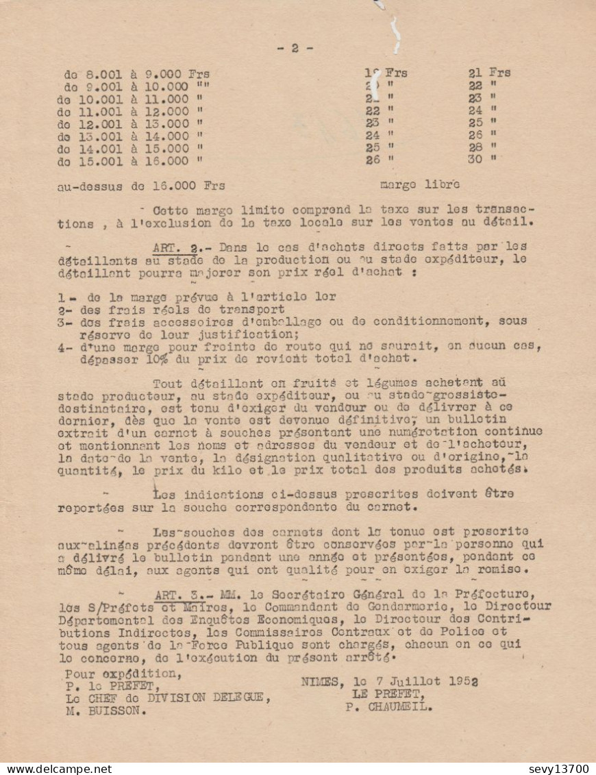 Arrêté Préfecture Du Gard Du 07.07.1952 Fixant La Marge Du Détaillant En Fruits Et Légumes - Wetten & Decreten